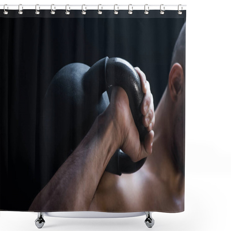 Personality  Cropped View Of Muscular Bodybuilder Excising With Kettlebell Isolated On Black Shower Curtains