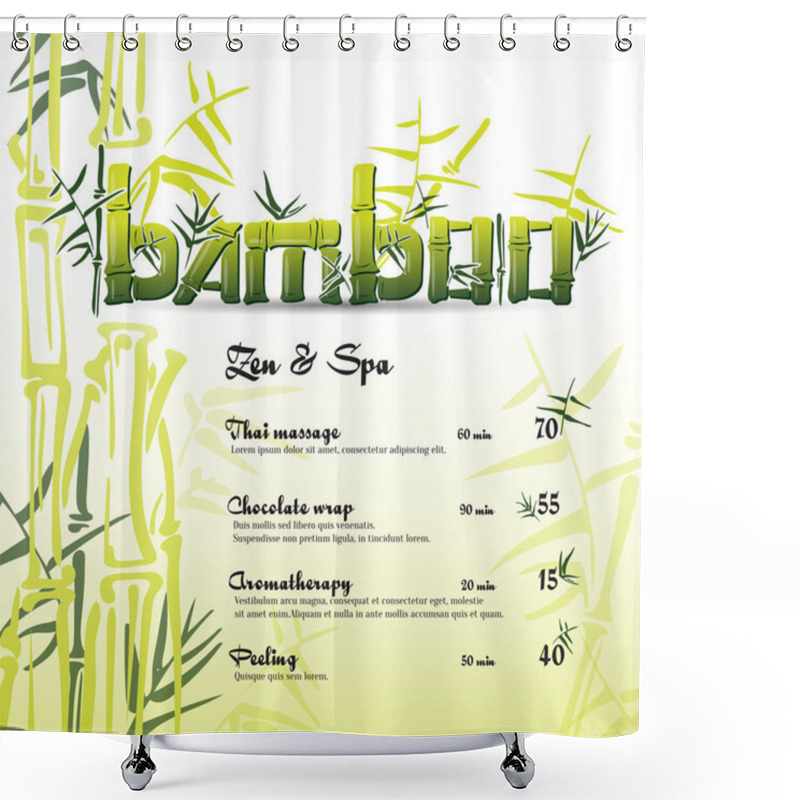 Personality  Bamboo Stems Green Backgroung Vector With Bamboo Logo Ink Pen Painting Style. Simple Green Bamboo Illustration On Light Green Background With Text. Bamboo Bush. Bamboo Leaves. For Zen And Spa. Shower Curtains