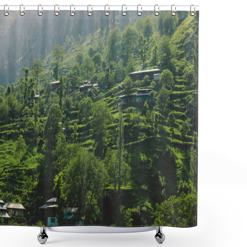 Personality  Traditional Houses On The Green Forest Rocks In Pakistani Mountains, Gilgit - Baltistan, Pakistan Shower Curtains