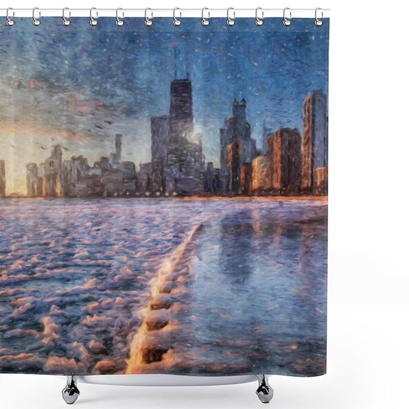 Personality  Real Painting Modern Artistic Artwork Chicago USA Drawing In Oil City Center Skyscrapers And Architecture, America Travel Downtown, Wall Art Print For Canvas Or Paper Poster, Tourism Production Design Shower Curtains