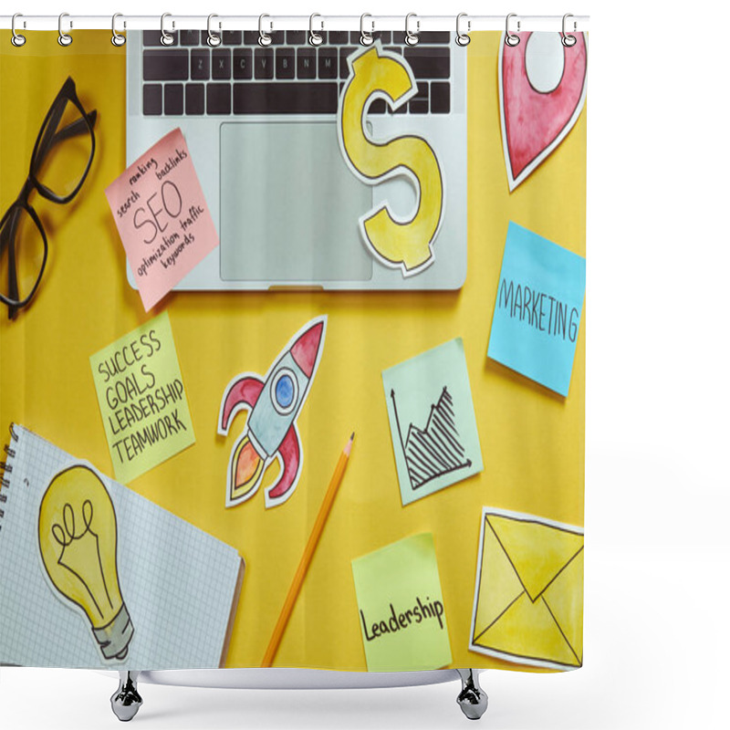 Personality  Top View Of Laptop, Paper Signs And Paper Stickers With Business Plan On Yellow Surface Shower Curtains