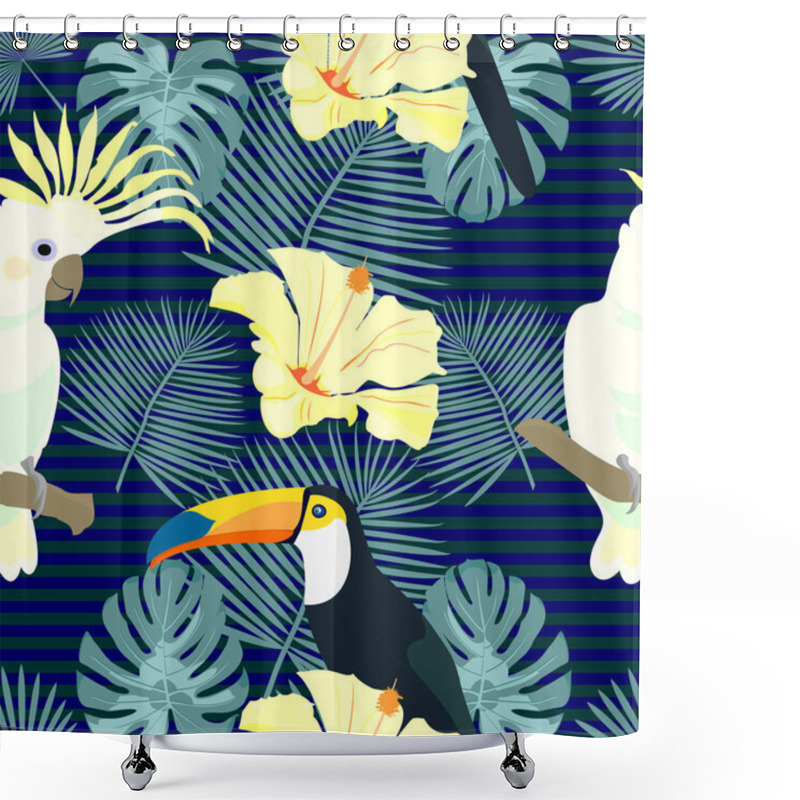 Personality  Seamless Pattern With Tropical Leaves And Birds On Blue Background Shower Curtains