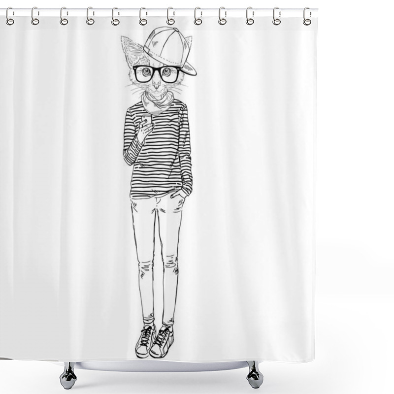 Personality  Cat Teen Girl In Stripy Top With Mobile Shower Curtains