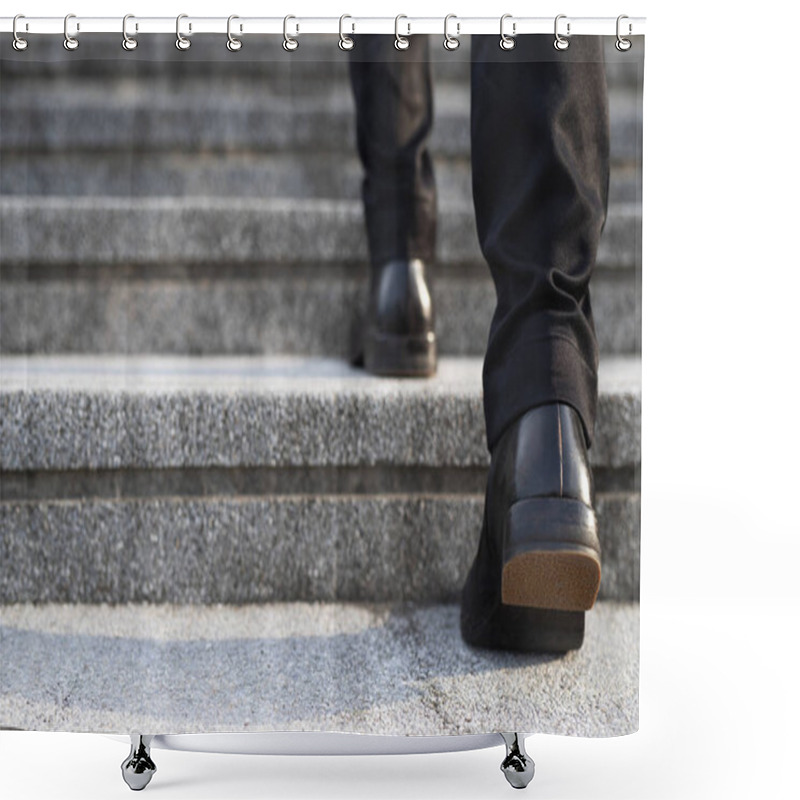 Personality  Modern Businessman Working Close-up Legs Walking Up The Stairs In Modern City. In Rush Hour To Work In Office A Hurry. During The First Morning Of Work. Stairway. Soft Focus Shower Curtains