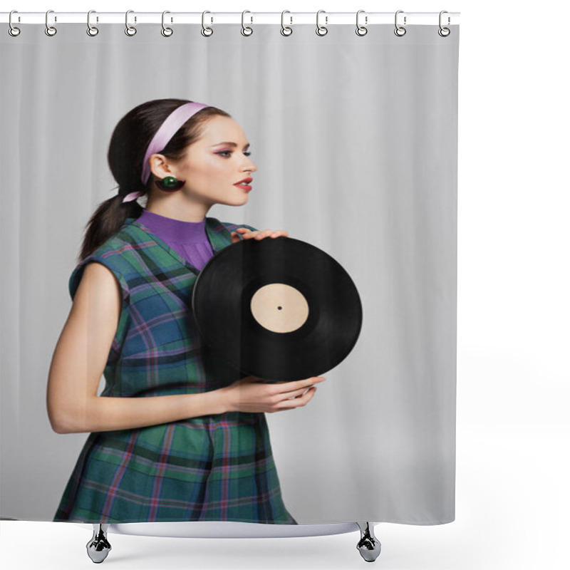 Personality  Young Brunette Woman In Headband Holding Retro Vinyl Disc Isolated On Grey Shower Curtains