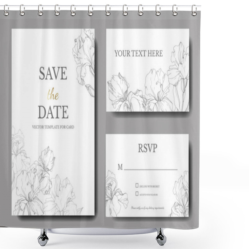 Personality  Vector Irises. Engraved Ink Art. Wedding Cards With Decorative Flowers On Background. 'Save The Date', 'rsvp', Invitation Cards Graphic Set Banner. Shower Curtains