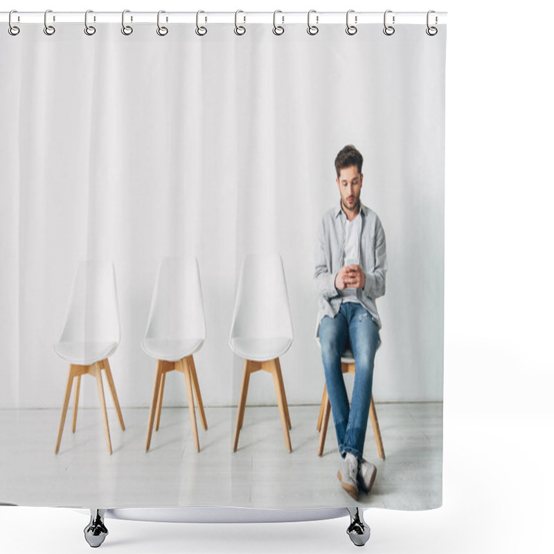 Personality  Handsome Employee Using Smartphone While Sitting On Chair In Office  Shower Curtains