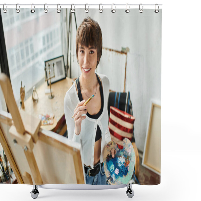 Personality  A Woman Holding A Pencil, Painting A Picture. Shower Curtains