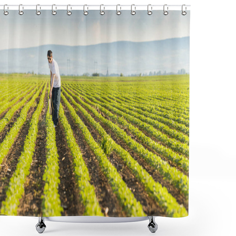 Personality  Young Farmer Spraying Soybean Plantation With Pesticide Shower Curtains