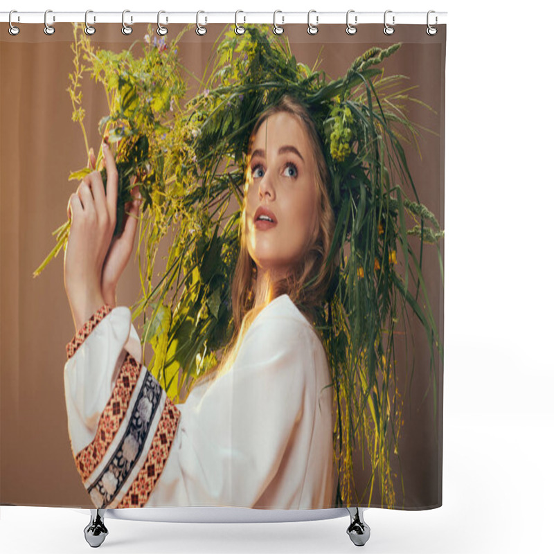 Personality  Young Woman Wearing A Traditional Outfit Adorned With A Fairy And Fantasy-inspired Flower Crown In A Studio Setting. Shower Curtains