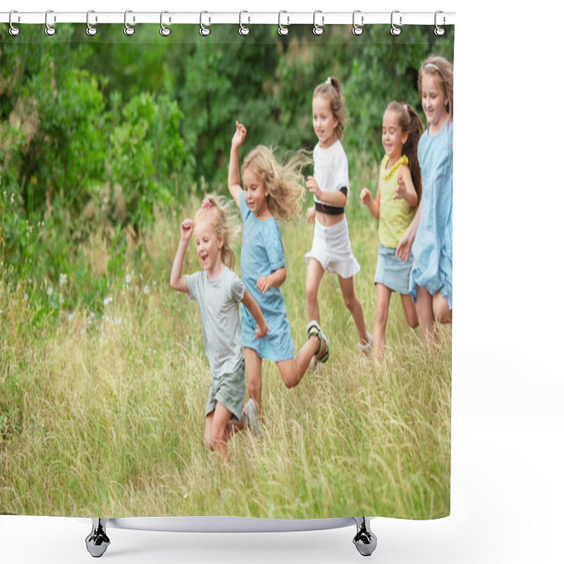 Personality  Kids, Children Running On Green Meadow, Forest. Childhood And Summertime Shower Curtains