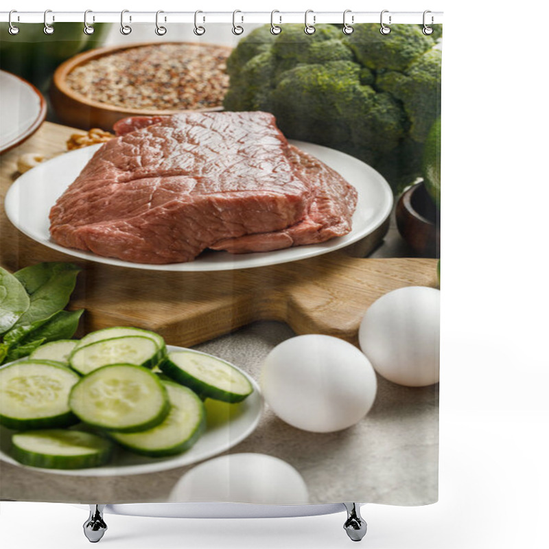 Personality  Close Up View Of Raw Meat On Wooden Chopping Board Near Eggs And Cucumbers, , Ketogenic Diet Menu Shower Curtains