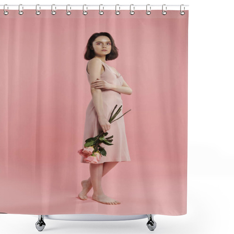 Personality  A Woman Wearing A Pink Dress Holds A Bouquet Of Roses While Standing Against A Pink Backdrop. Shower Curtains