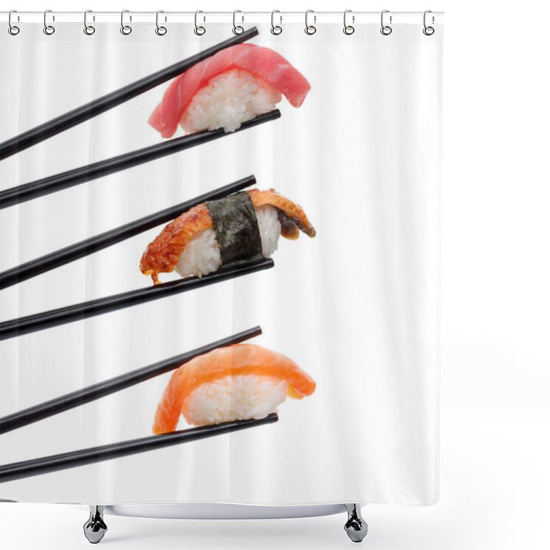 Personality  Japanese Cuisine. Sushi In Chopsticks Isolated On White Background. Shower Curtains