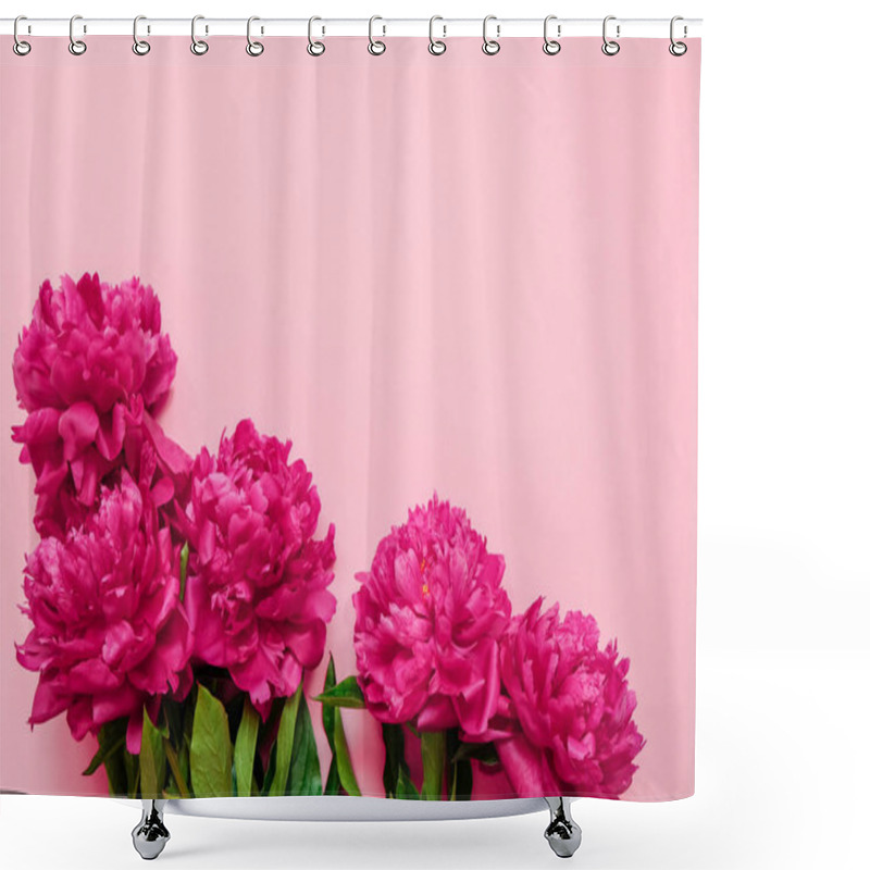 Personality  Flower Frame With Fresh Branches Of Pink  Piony On Pastel Pink Background With Copy Space, Top View, Flat Lay. Shower Curtains