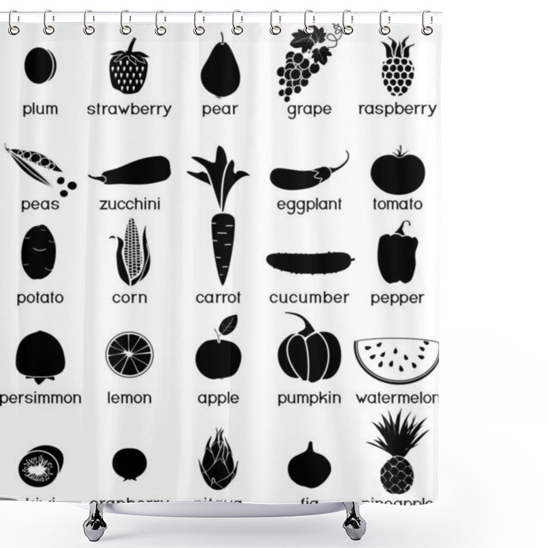 Personality  Big Set Of Black Silhouettes Of Different Vegetables And Fruits In Flat Style Isolated On White Background Shower Curtains