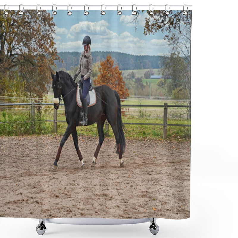 Personality  Black Horse And Rider Training On A Riding Ground In Bavaria Shower Curtains