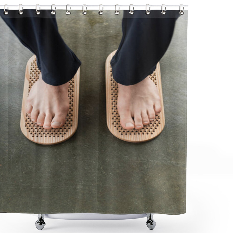 Personality  Top View Of Cropped Man Standing On Nails During Yoga Practice In Yoga Studio Shower Curtains