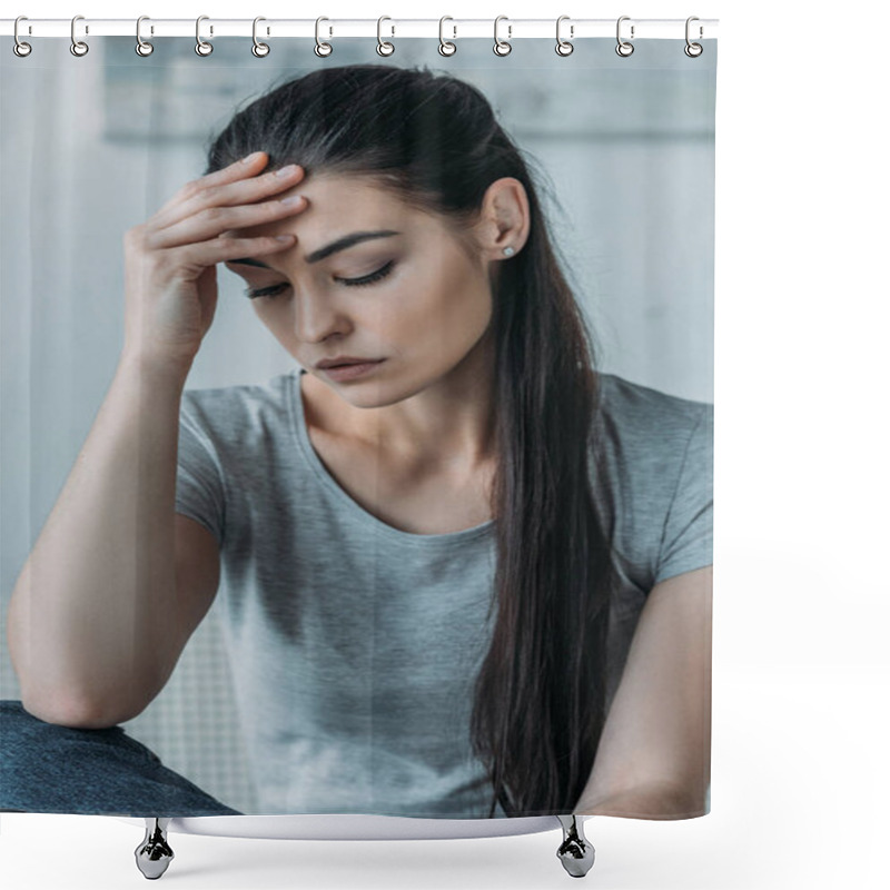 Personality  Portrait Of Sad Young Woman With Hand On Forehead Looking Down Shower Curtains