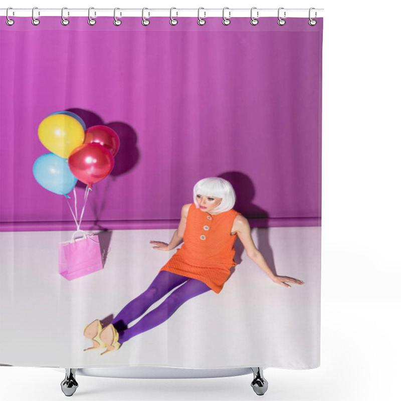 Personality  Gorgeous Girl In White Wig With Air Balloons Sitting On Purple Background Shower Curtains