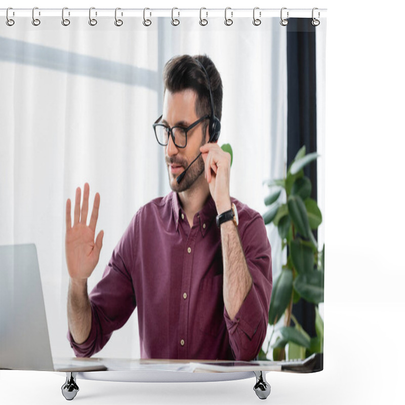 Personality  Smiling Businessman In Headset Waving Hand During Video Conference On Laptop Shower Curtains