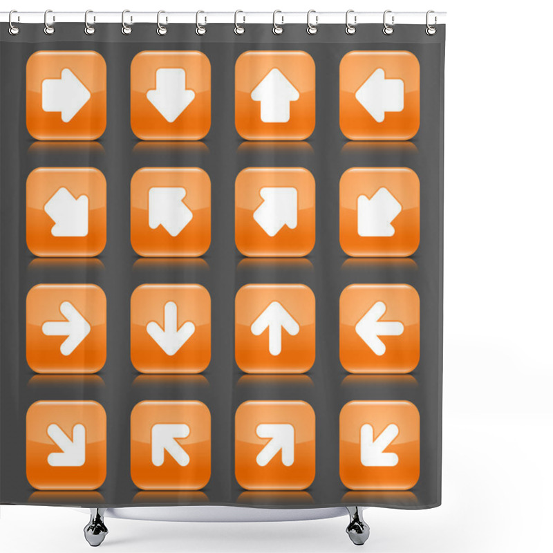 Personality  Orange Glossy Web Button With White Arrow Sign. Rounded Square Shape Internet Icon With Shadow And Reflection On Dark Gray Background. This Vector Illustration Saved In 8 Eps Shower Curtains