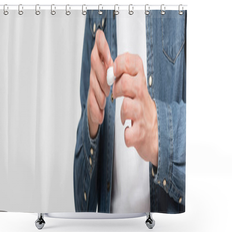 Personality  Cropped View Of Man Holding Box With Contact Lens Isolated On Grey, Banner  Shower Curtains