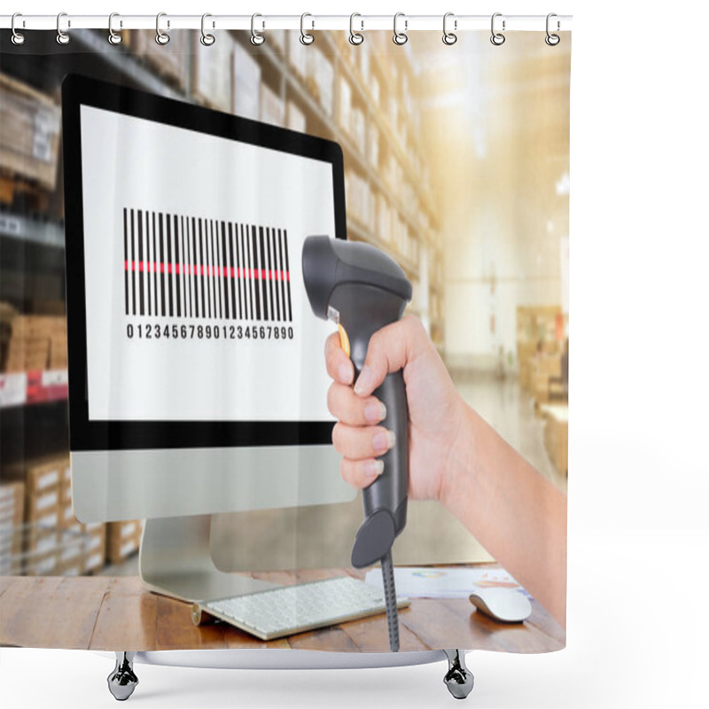 Personality  Woman Scanning Barcode From A Label In Modern Warehouse Shower Curtains