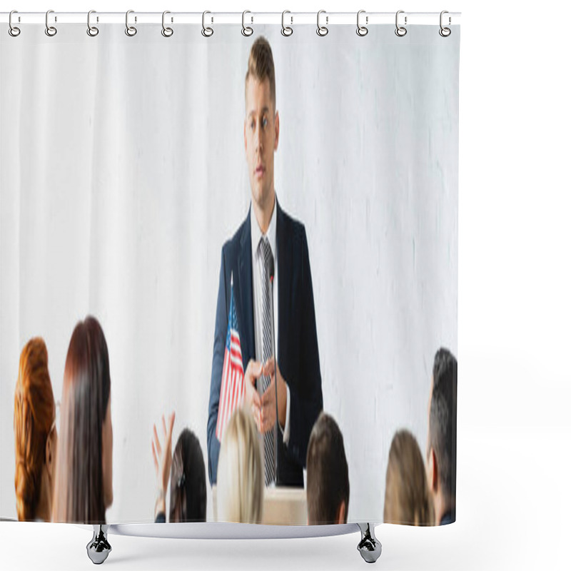 Personality  Serious Political Agitator Talking To Voters In Conference Hall, Banner Shower Curtains