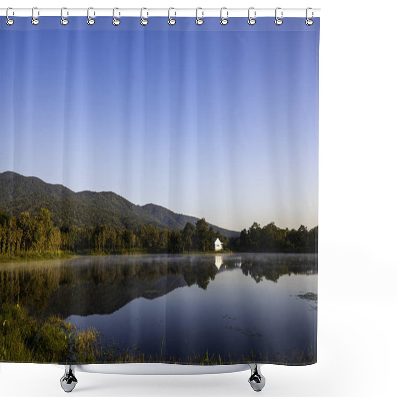 Personality  Image Of Lake And Mountain On Morning Time With Fog On Water Shower Curtains