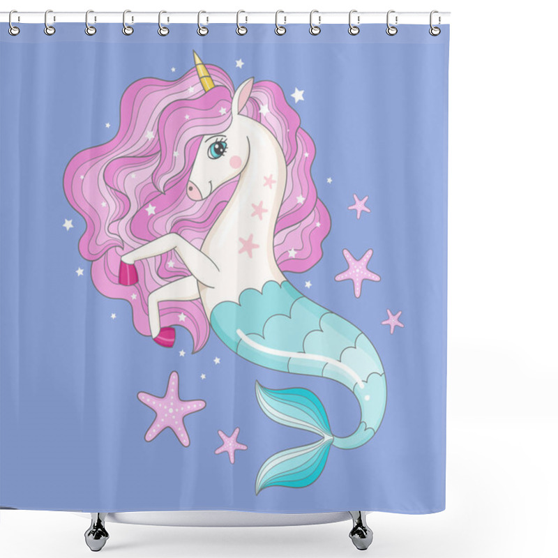 Personality  Beautiful Seahorse Unicorn With A Pink Mane. The Theme Of The Sea And Magic. For The Design Of Prints, Posters, Stickers, Cards, Puzzles And So On. Vector Illustration Shower Curtains