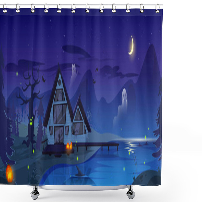 Personality  Halloween Spooky Illustration With Old Scary House Shower Curtains