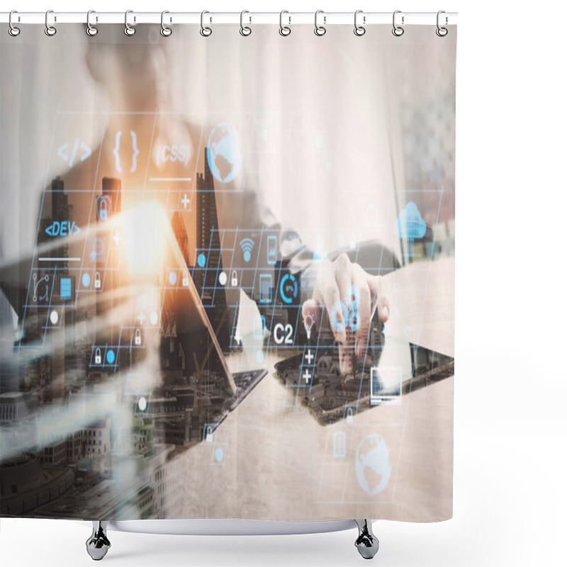 Personality  Coding Software Developer Work With AR New Design Dashboard Computer Icons Of Scrum Agile Development And Code Fork And Versioning With Responsive Cybersecurity.Double Exposure Of Success Businessman Working Shower Curtains