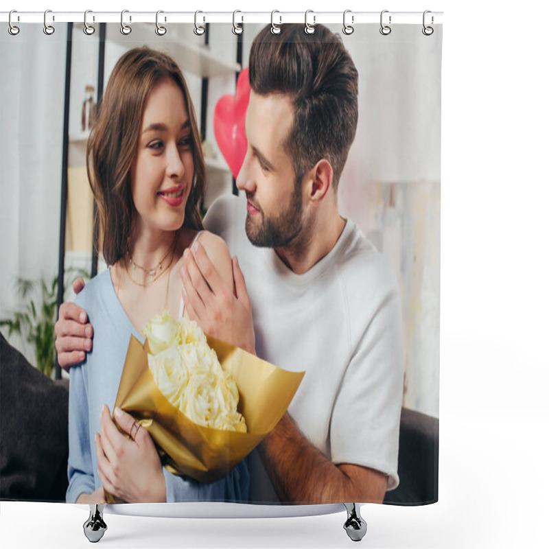 Personality  Happy Couple Celebrating St Valentine Day While Young Man Hugging Girlfriend With Roses Bouquet Shower Curtains