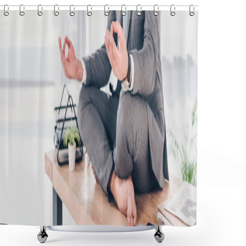 Personality  Panoramic Shot Of Businessman Meditating In Lotus Pose On Office Desk Shower Curtains