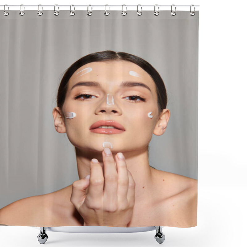 Personality  A Young Woman With Brunette Hair Poses In A Studio, Her Face Adorned With Intricate White Dots In An Artistic Display. Shower Curtains