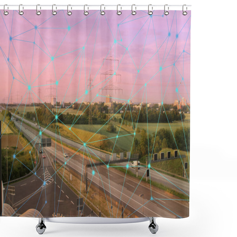 Personality  Double Exposure Neural, Social Network, Power Lines, Cityscape, Global Business Concept Shower Curtains