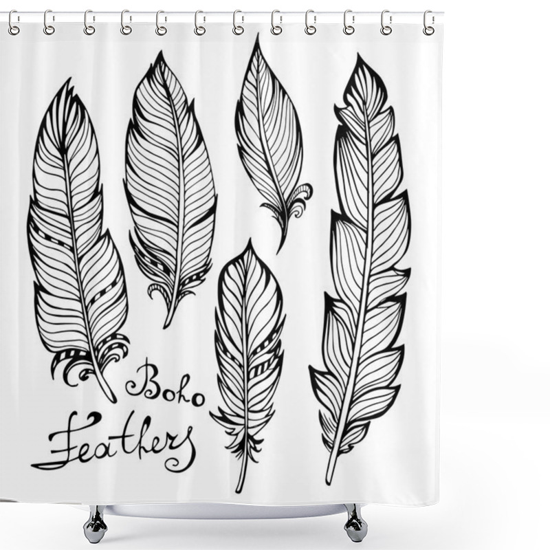 Personality  Hand Drawn Bird Black Feathers Closeup Isolated On White Shower Curtains