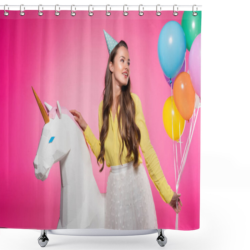 Personality  Beautiful Girl With Party Hat, Balloons And Unicorn Toy Isolated On Pink Shower Curtains