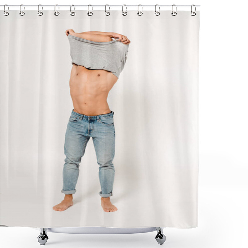 Personality  Muscular And Shirtless Man Covering Face While Taking Off Grey T-shirt On White  Shower Curtains