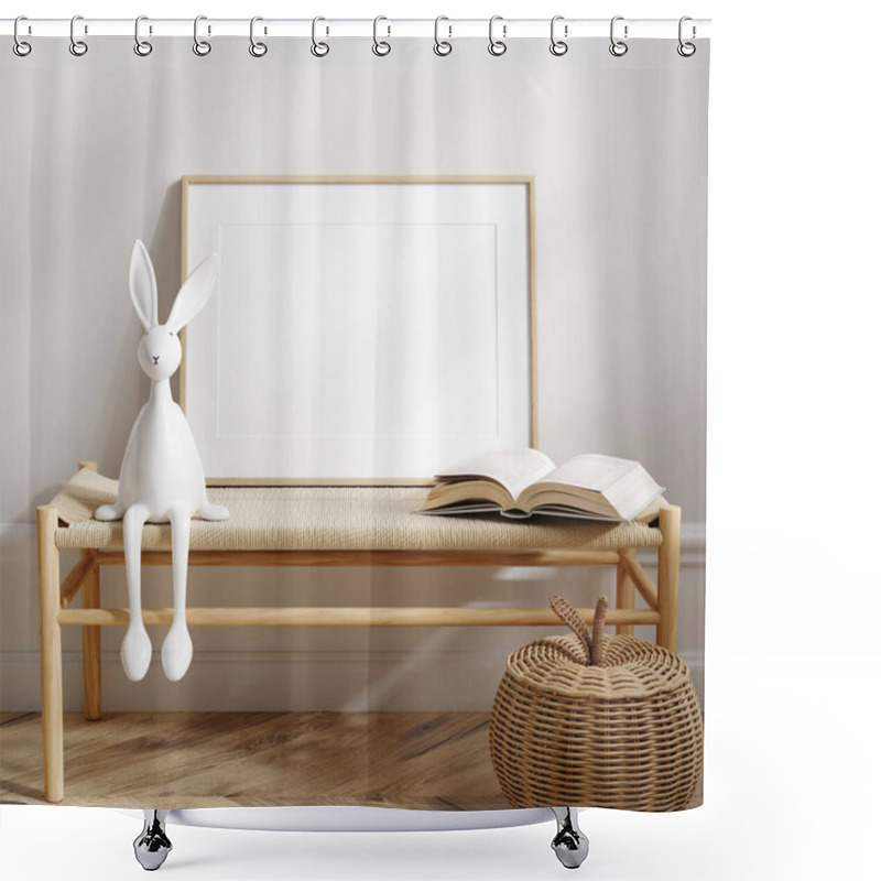 Personality  Mock Up Frame In Children Room With Natural Wooden Furniture, Scandi Boho Style Interior Background, 3D Render Shower Curtains