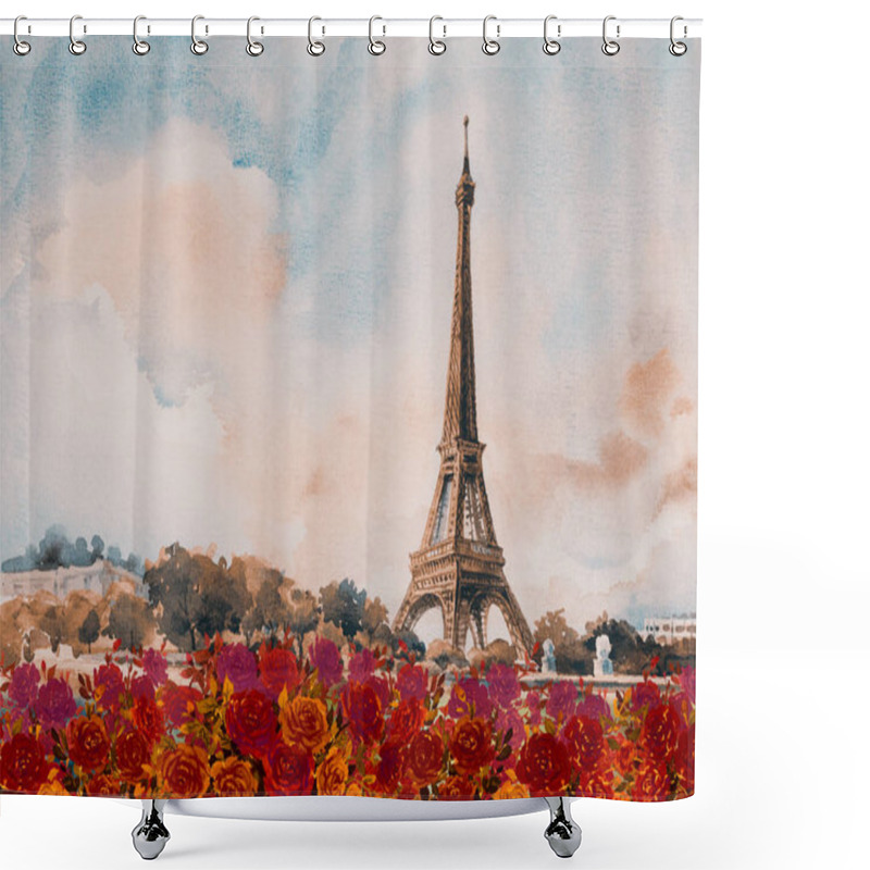 Personality  Paris European City Landscape. France, Eiffel Tower Famous, With Red Roses Romantic The Seine River View In Autumn, Watercolor Painting Illustration Vintage Style, Skyline Background. World Landmark Shower Curtains