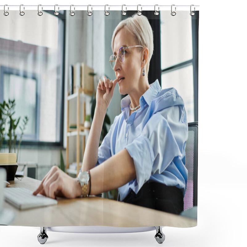 Personality  A Middle-aged Businesswoman With Short Hair Concentrates On Work Tasks Using A Laptop Computer In An Office Setting. Shower Curtains