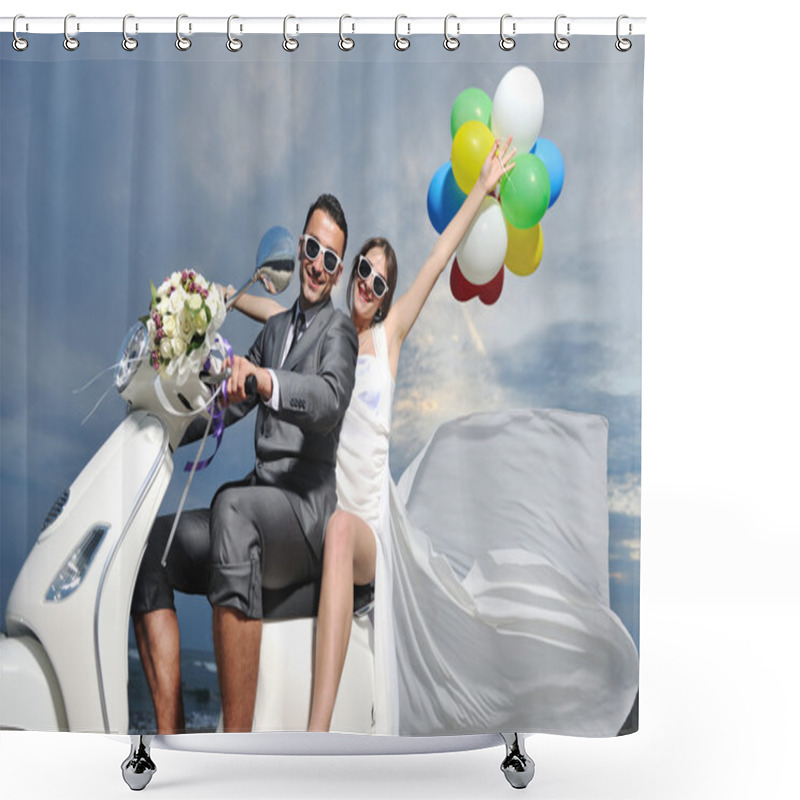 Personality  Just Married Couple On The Beach Ride White Scooter Shower Curtains