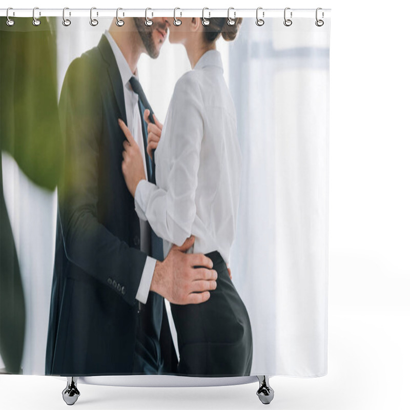 Personality  Cropped View Of Businessman In Suit Hugging Secretary In Office  Shower Curtains