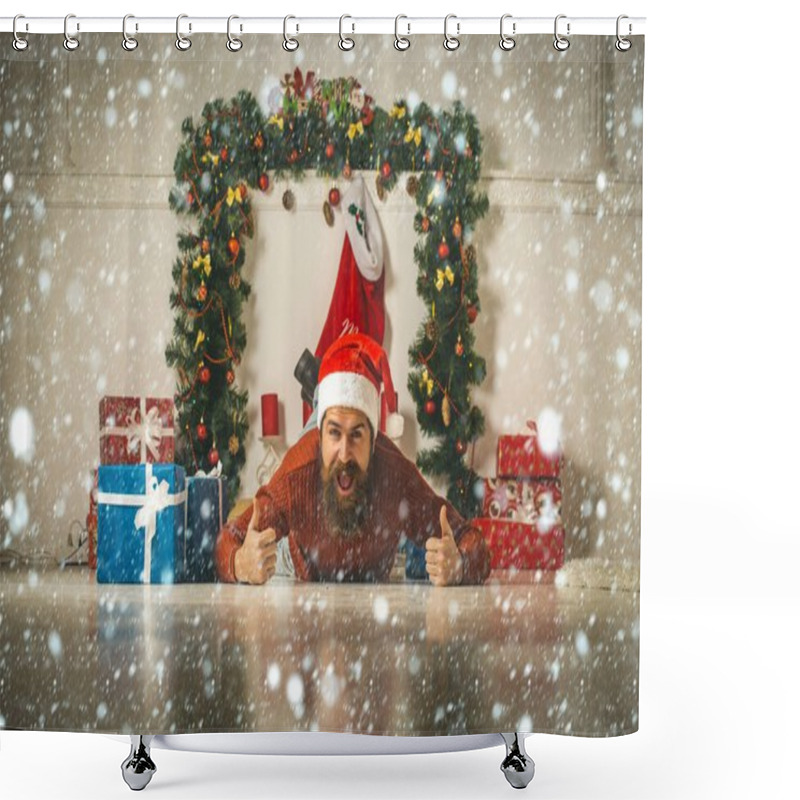 Personality  Christmas Man With Beard On Happy Face At Present Box. Shower Curtains