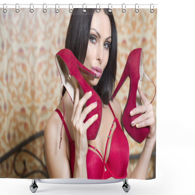 Personality  Sexual Brunette Girl With Red Suede Shoes Shower Curtains