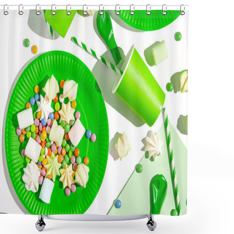 Personality  Creative Layout Made Of Green Paper Glasses With Straws, Dishes, Meringues And Balloons On White Background. Festive Concept. Birthday And Party Theme. Shower Curtains