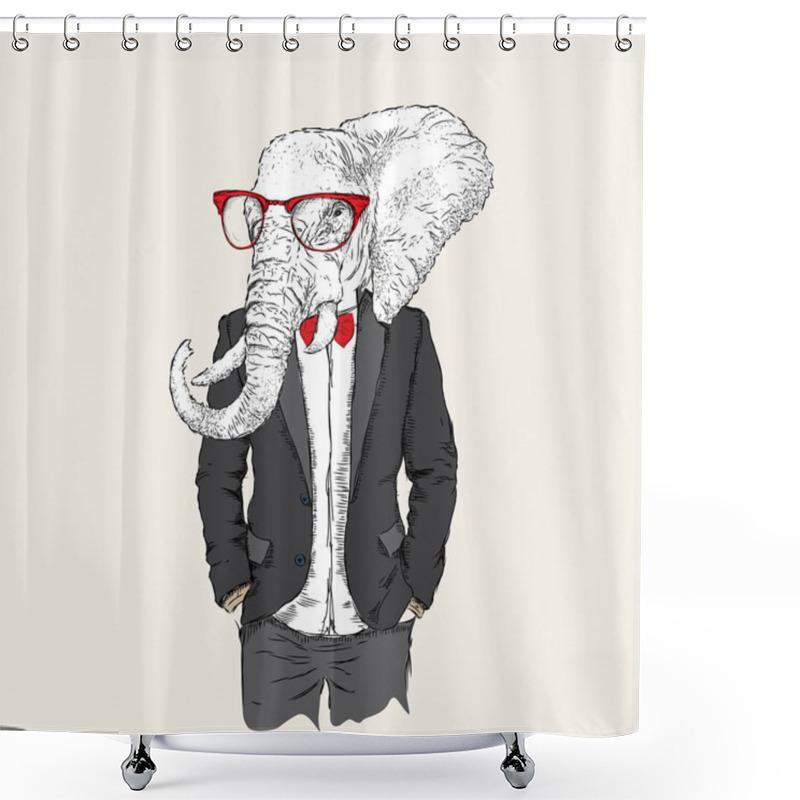 Personality  Illustration Of Elephant Hipster Dressed Up In Jacket, Pants And Sweater. Vector Illustration Shower Curtains