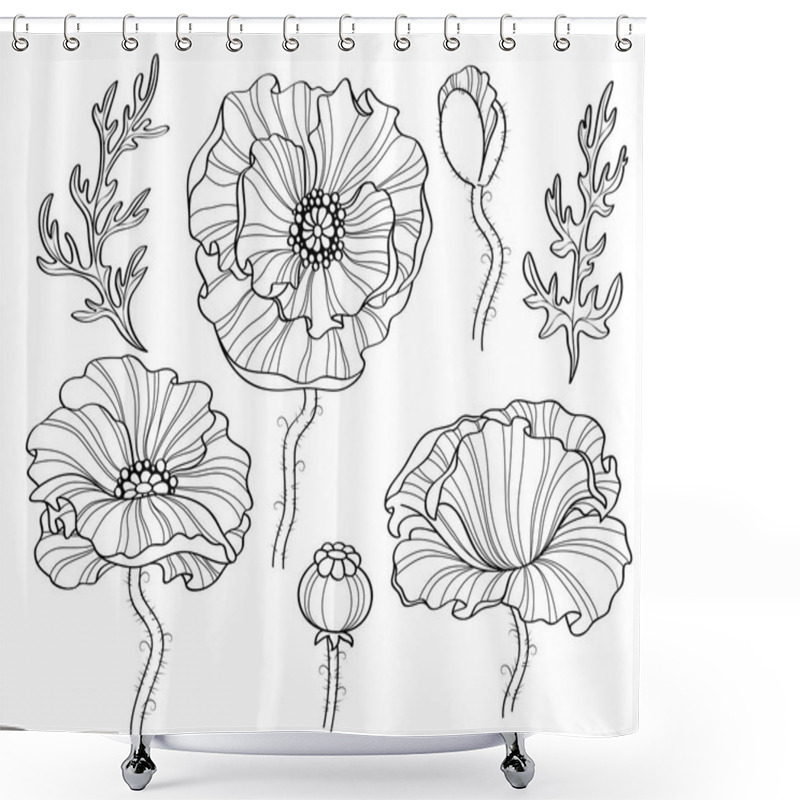 Personality  Poppy Flowers. Black And White Illustration. Line Art Shower Curtains